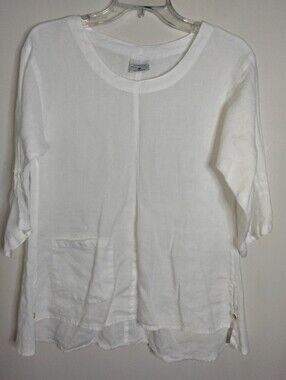 Click (Sz XS) Oversized White 100% Linen Slip Pocket Elbow Sleeve Tunic Blouse